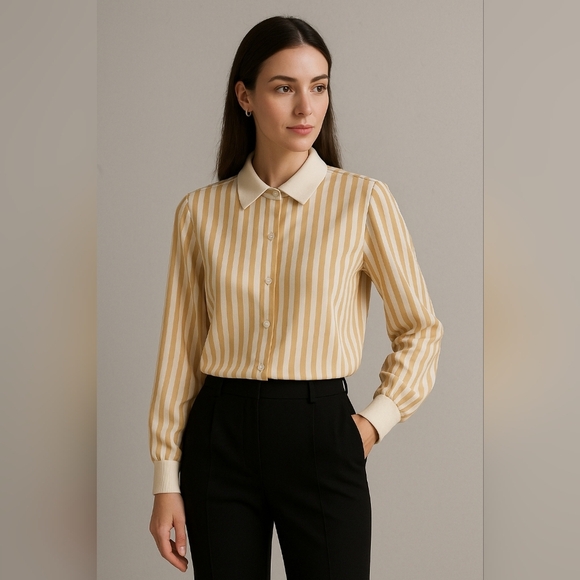 Loro Piana Tops - Loro Piana Cream and Beige Striped Silk Blouse